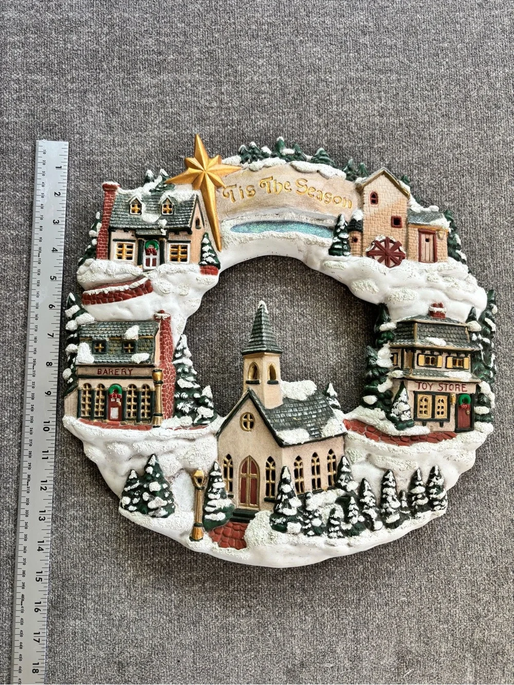 Vintage Christmas Village Scene Ceramic Wreath ‘Tis the Season’ Wall Decor